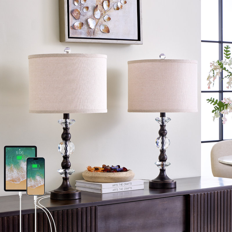 Morkus 25.5" Crystal Table Lamp with 3-Way Dimmable Light and USB Type-C Ports, Oil Rubbed Bronze