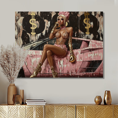 Blonde Boss Girl In Pink Lambo I - Boss Woman Wall Decor