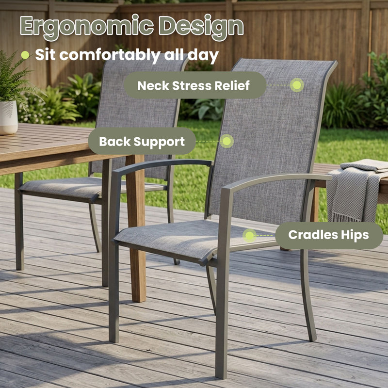Ensemble de salle à manger de patio 6 personnes avec chaises empilables Textilene, Gris / Gris