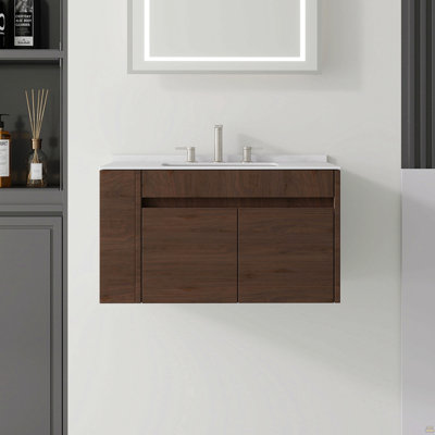 Meuble-lavabo flottant 30 po avec lavabo, porte à fermeture en douceur, comptoir et dosseret en marbre de culture blanc de 0,6 po Carrara, contreplaqué, brun