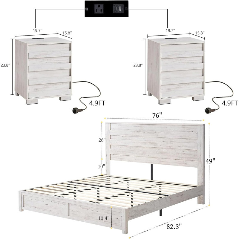 Ensemble de chambre avec lit plateforme et table de chevet 3 pièces Louby, Blanc, Très grand