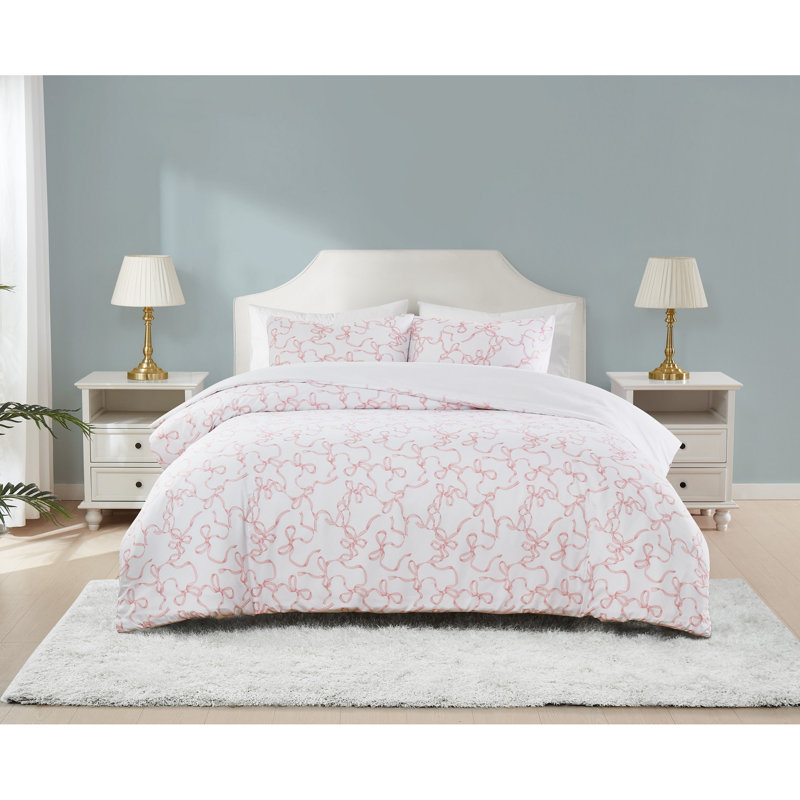 Truly Soft Printed Bow Microfiber Comforter Sets, Queen Comforter + 2 Shams, White/Pink