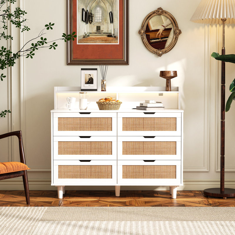 Armoire de rangement en rotin 6 tiroirs avec lumières DEL et prise de courant, Blanc