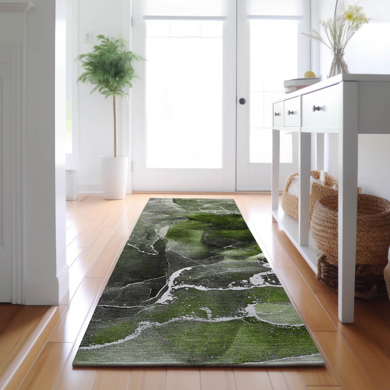 Premium Machine Washable Cerrito AMF503 Green Rug, Runner 2'3" x 7'6"