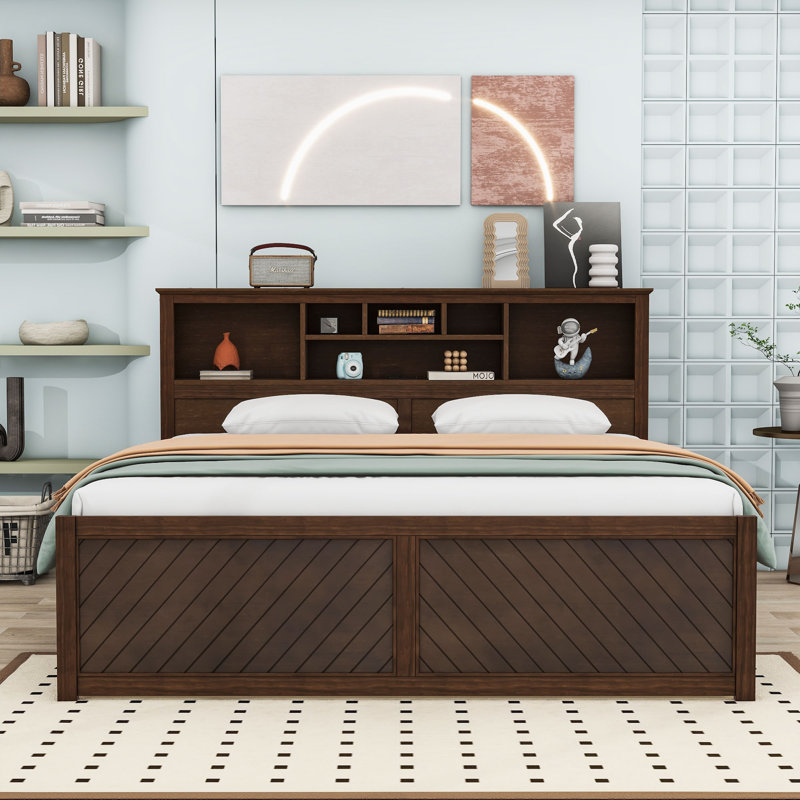King Two Drawers Wood Platform Bed with Headboard and USB, Antique Wood