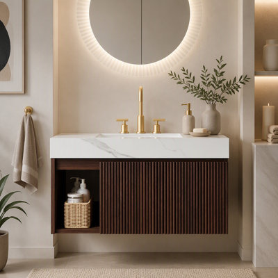 Meuble-lavabo flottant de 36 pouces avec plateau en pierre frittée blanc de Carrare, lavabo en céramique et trois trous de robinet pré-percés