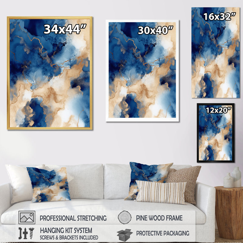 Bleu et nuages de marbre dorés, Cadre simple noir, H 20 po x l 12 po x P 1 po