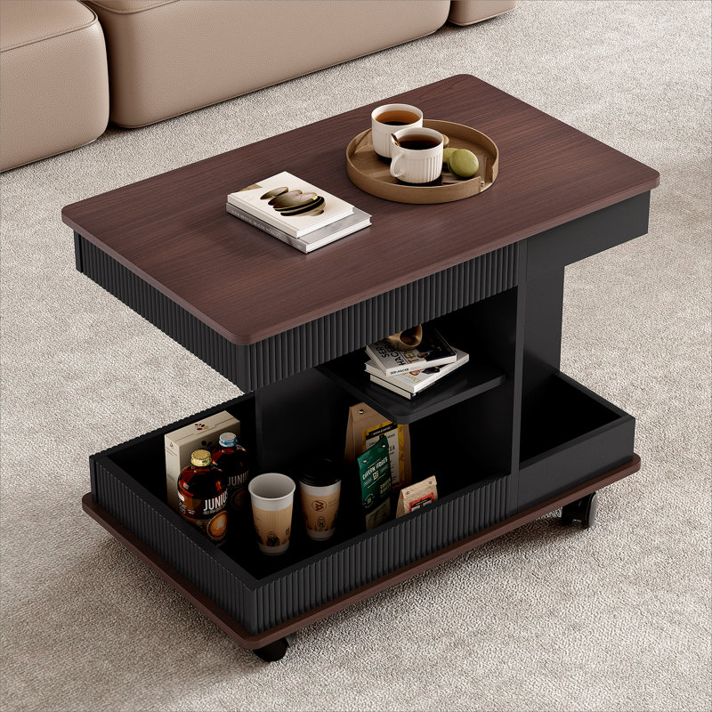 U-Can Adjustable End Table with Wheels, Modern Multifunctional Sofa Side Table with Lift-Top, 360°Rotating Top and Storage Space for Living Room, Small Space