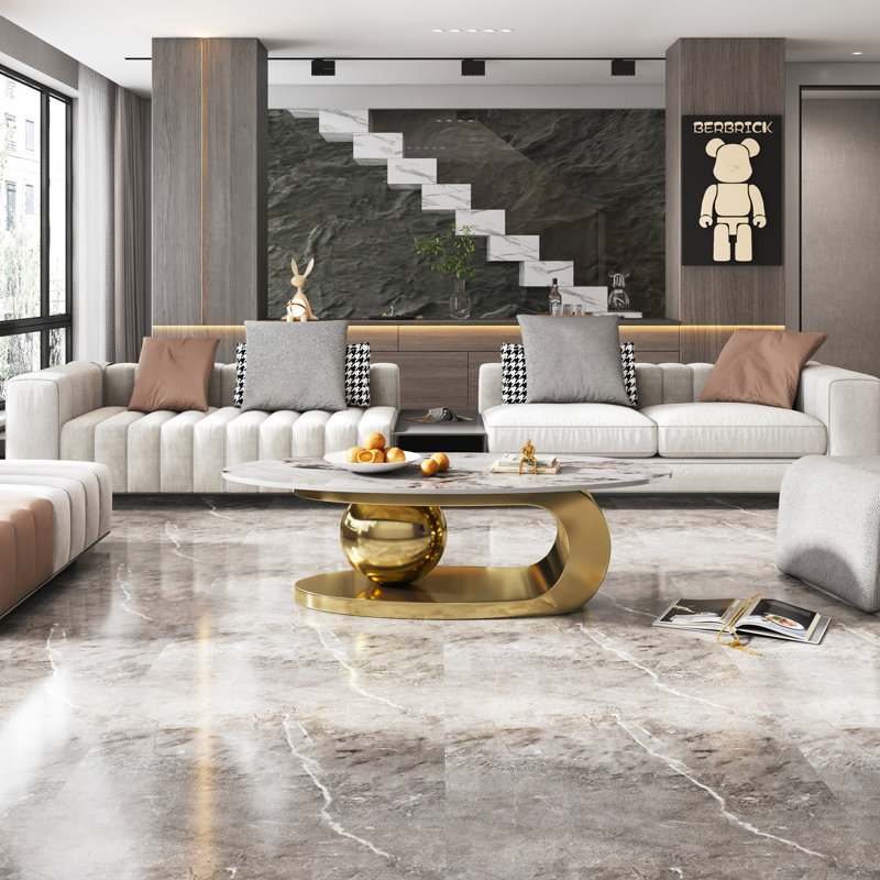 Table basse 49,2 pouces ovale en faux marbre pour salon avec base en acier inoxydable, Gold/Whie