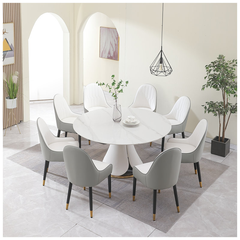 Ensemble de table de salle à manger extensible moderne en pierre frittée avec 8 chaises rembourrées - Meuble de cuisine rond à finition marbre blanc