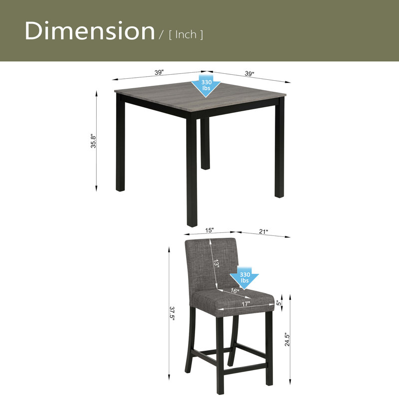 Ensemble de table 5 pièces à hauteur de comptoir avec 4 chaises, ensemble de table à hauteur de comptoir pour 4 avec chaises, ensemble de table à hauteur de comptoir en bois pour la cuisine, la salle à manger, gris clair et noir deux tons