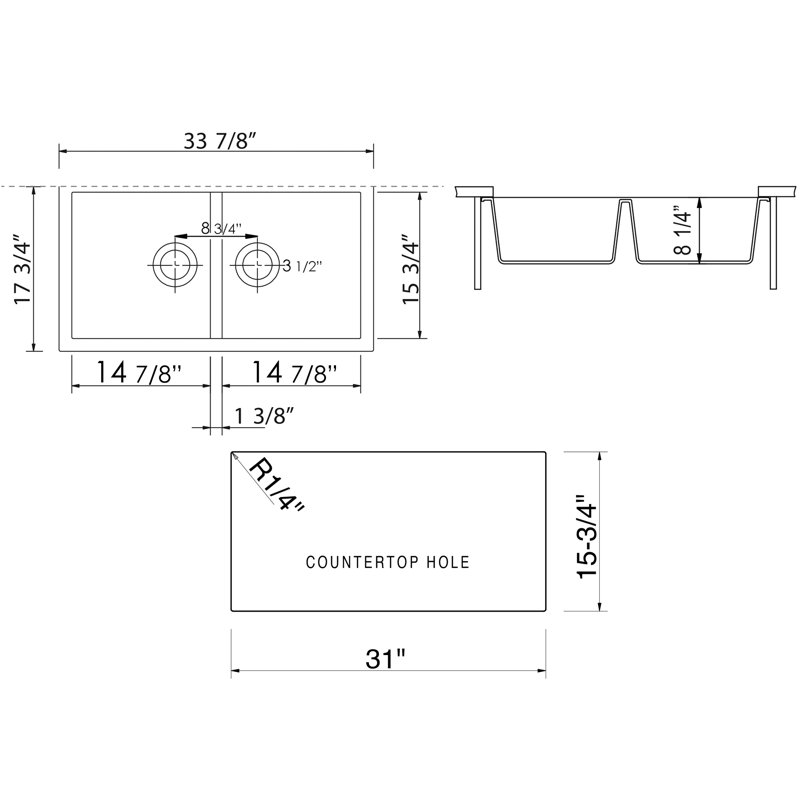 Chocolate Granite Double Bowl Undermount Kitchen Sink, 34"