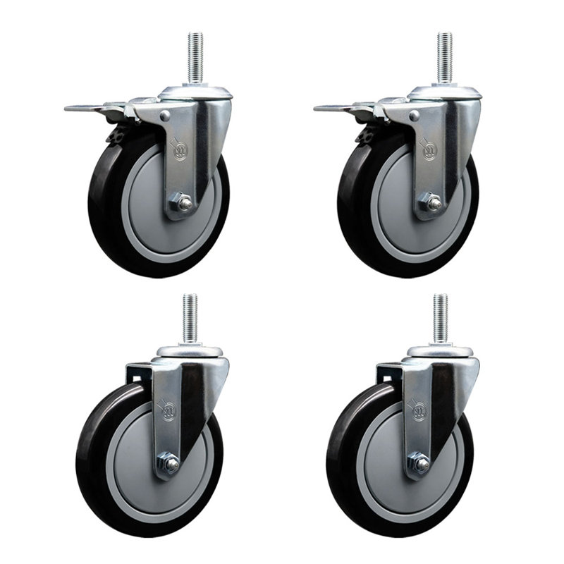 5 Inch Poly Swivel 5/8 Inch Threaded Stem Caster Set 2 Total Lock Brakes, Gris