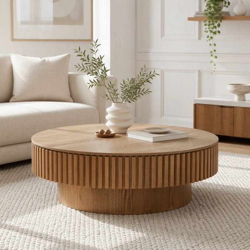 Table basse ronde avec rangement caché, 55 lb, Bois naturel