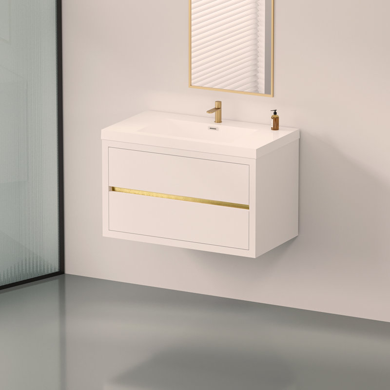 Meuble-lavabo mural 36 po avec lavabo, meuble de rangement flottant pour salle de bain avec comptoir en résine de pierre et tiroirs