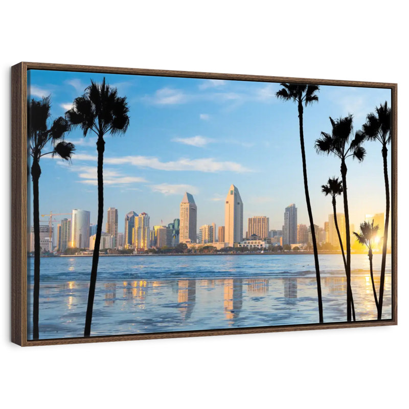 Horizon du centre-ville de San Diego, 13 po x 9 po, Cadre flottant noyer