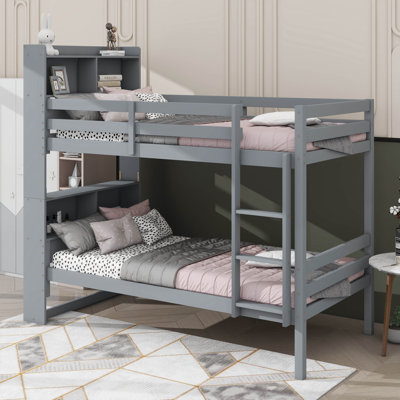 Rubber Wood Twin Over Twin Bunk Bed With Bookcase Shelves Headboard Flexible Bunk Setup