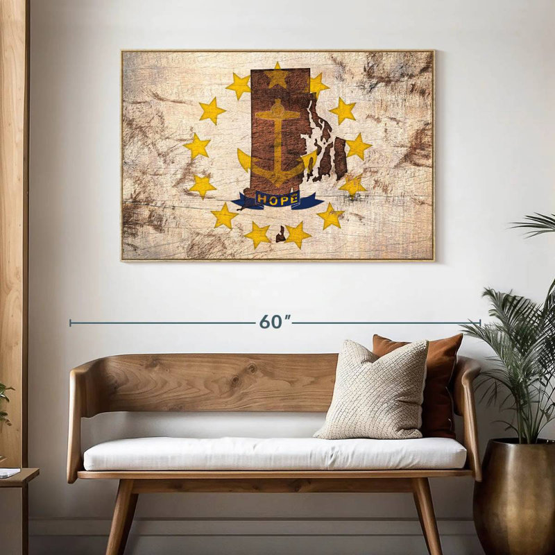 Carte d'État sur le drapeau du Rhode Island, Cadre flottant en bois naturel, 46 po x 31 po