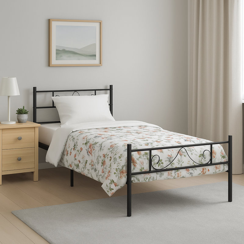 Classic Metal Bed Frame with Decorative Headboard & Footboard, Single (3'), Black