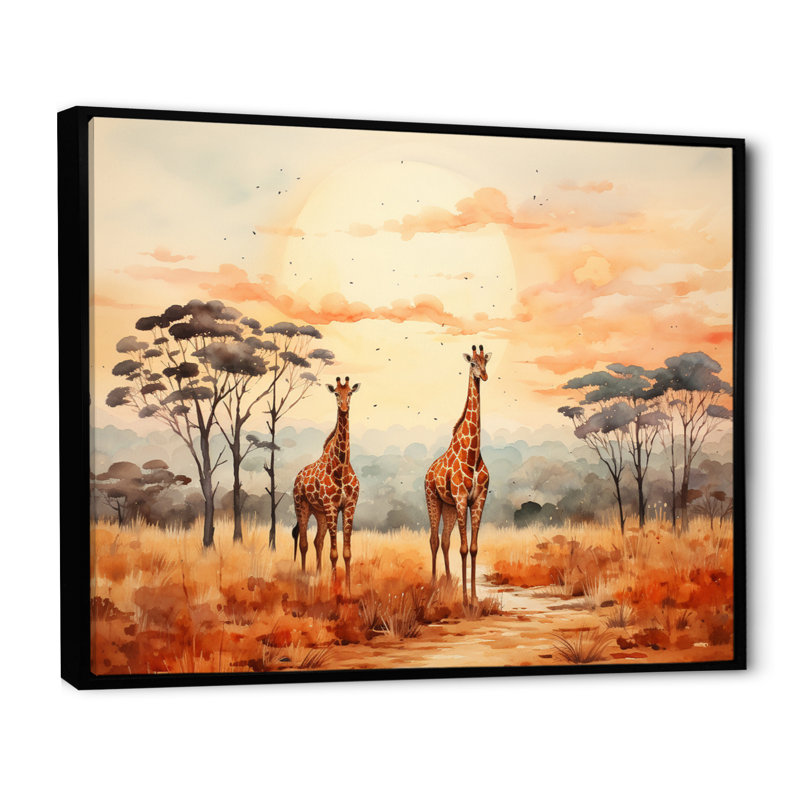 «Orange orange girrafes Walk In African Landscape», reproduction d'art sur toile, Cadre flottant noir