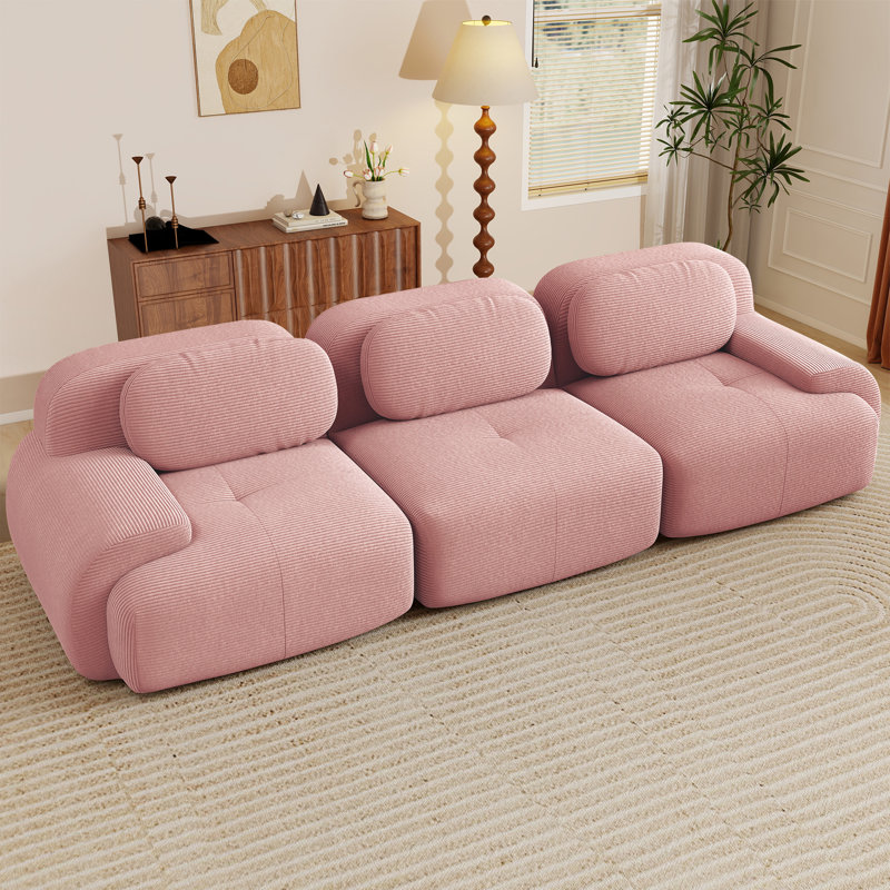 Canapé modulaire 118 po, siège profond 3 places, velours côtelé, rose, 118 po