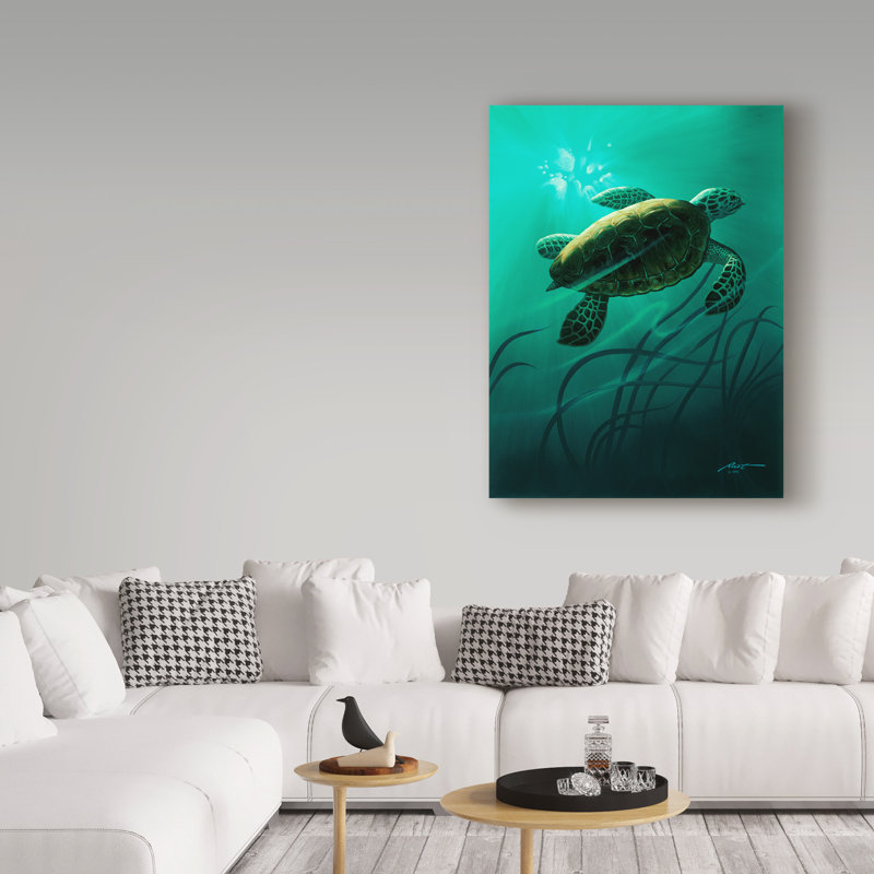 Green Sea Turtle Canvas Art in Blue and Green