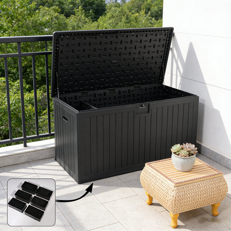 Très grand coffre de terrasse extérieur en résine imperméable de 260 gallons, rangement verrouillable avec charnières hydrauliques et pieds libres pour coussins de patio, accessoires de piscine, outils de jardin