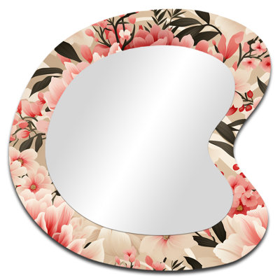 Pink Floral Peony Delicacy - Floral Asymmetrical Mirror, Pink Irregular Shape Decorative Wall Mirror, Printed Metal Art