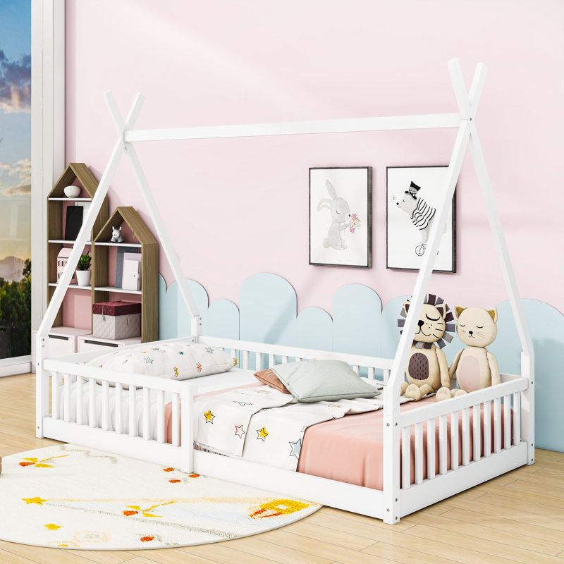 Twin Wood House Bed With Fence