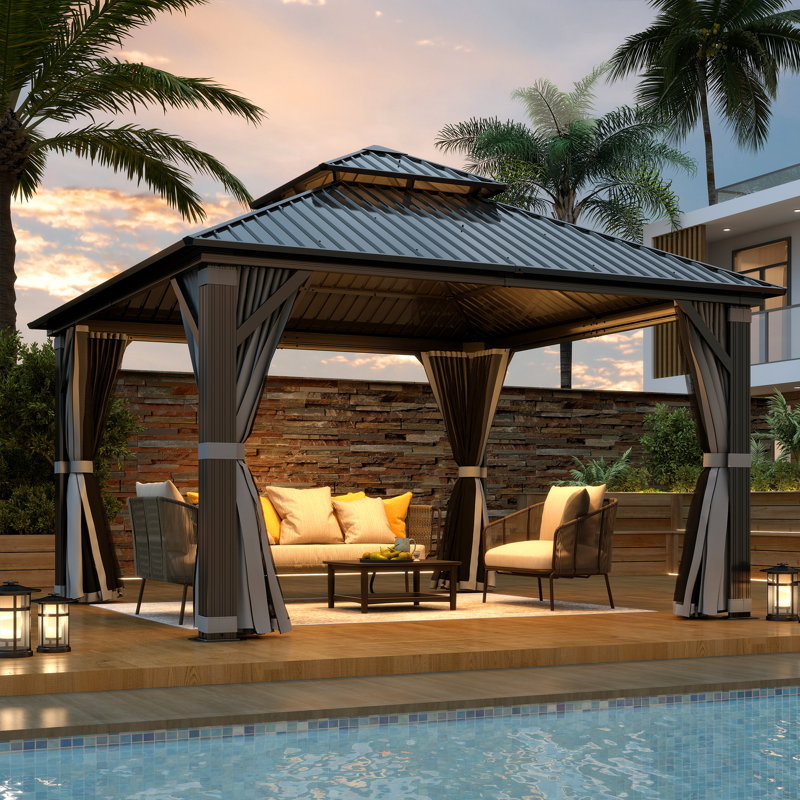 12FT ×12FT Outdoor Aluminum Patio Gazebo, Galvanized Steel Hardtop Gazebo with Privacy Curtain and Mosquito Netting