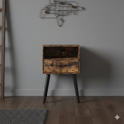 Une table de chevet moderne avec un tiroir de rangement et une tablette ouverte en bois. Convient pour le salon, la chambre à coucher et les petits espaces. Une table de chevet d'appoint facile à assembler.