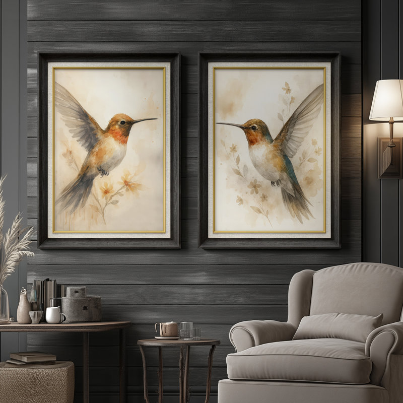 Élégante paire de colibris au toucher doux et naturel - ensemble de 2 reproductions d'art encadrées de qualité supérieure sur papier 26 po x 36 po