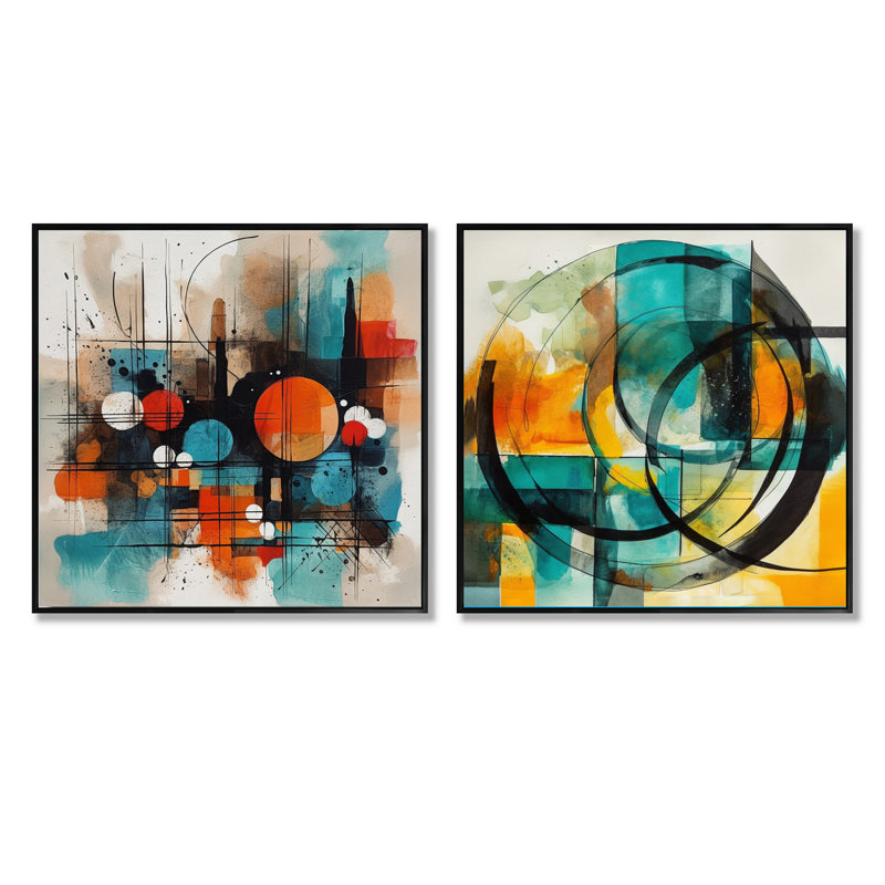 Explorations géométriques abstraites orange - ensemble de 2 collages carrés de formes abstraites, Cadre flottant noir