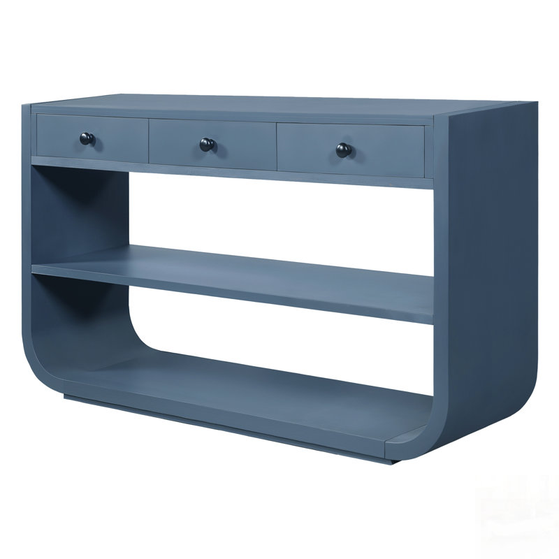 Console moderne avec 3 tiroirs à fermeture en douceur et 2 tablettes ouvertes, base en bois massif pour le bureau, Bleu