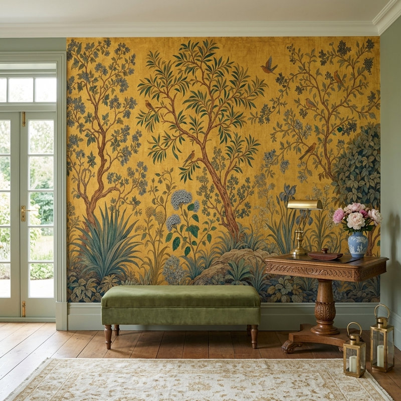 Papier peint Botanical Tree Golden Chinoiserie Birds, 160 po x 108 po, Texturé non collé