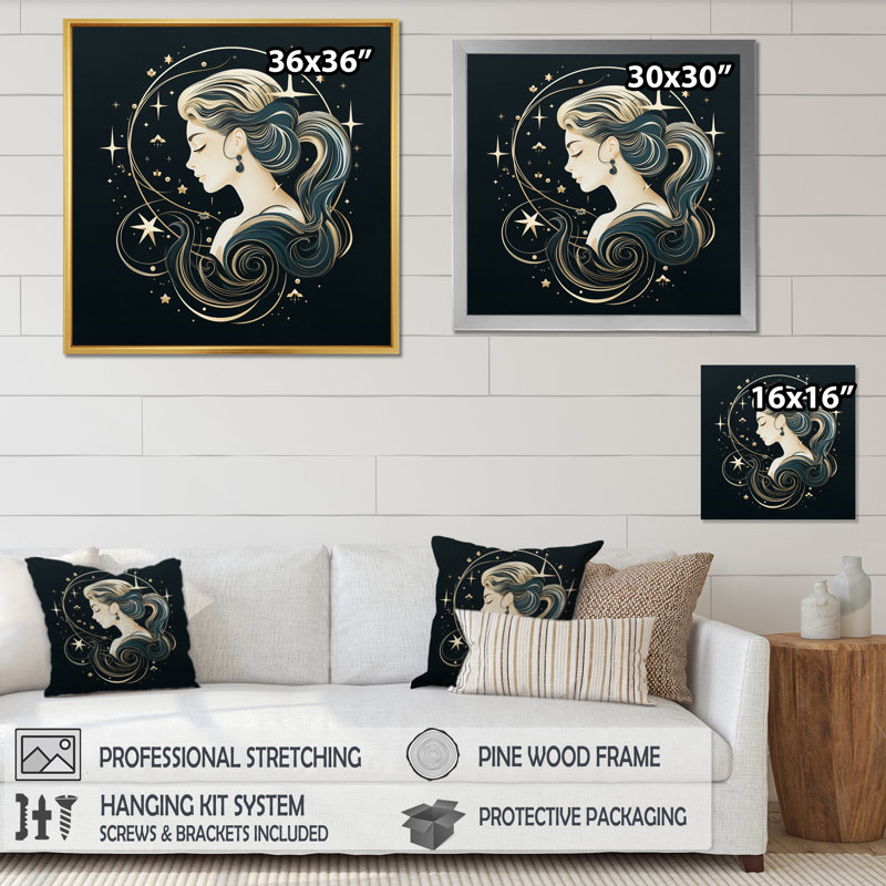 Astrologique Stargazer VI sur toile, Toile encadrée noire simple, H 16 po x l 16 po