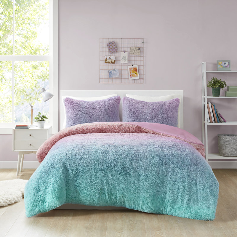 Ensemble d'édredon en fausse fourrure Primrose, Édredon double / grand + 2 taies décoratives sta, Turquoise / rose / mauve
