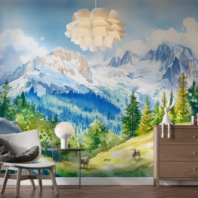 Snowy Alpine Mountains & Evergreen Valley Landscape Wall Mural