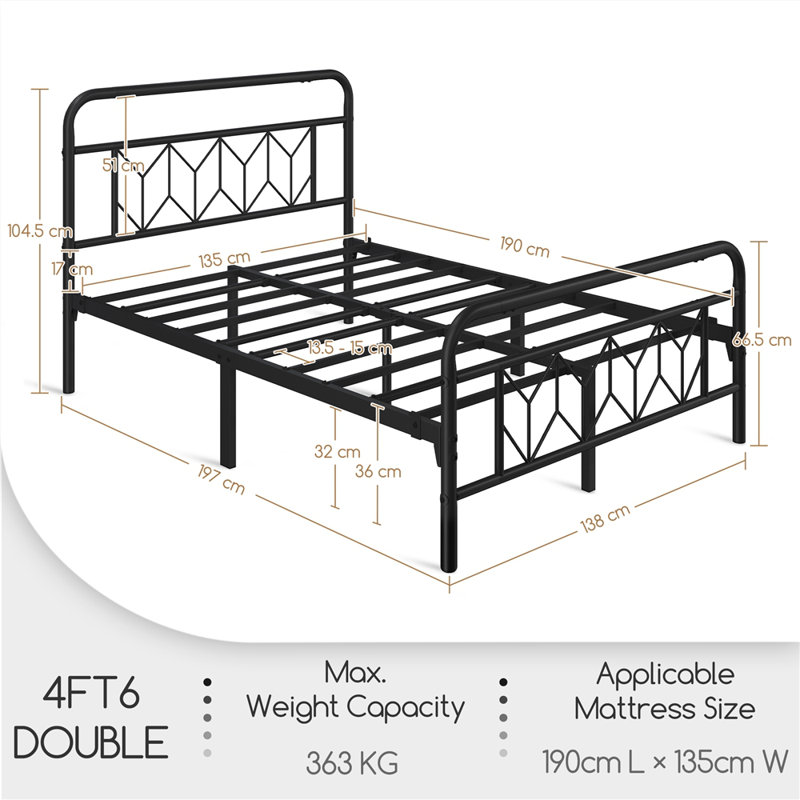 Modern Metal Bed Frame with Vintage Headboard, Double (4'6), Black