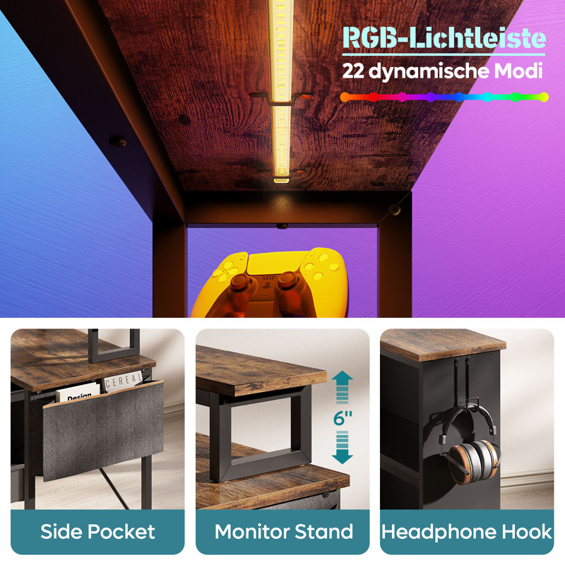 Monike 42'' W Modern Computer Desk with Reversible Storage Shelves,Small L Shaped Desk with LED Light and Monitor Stand