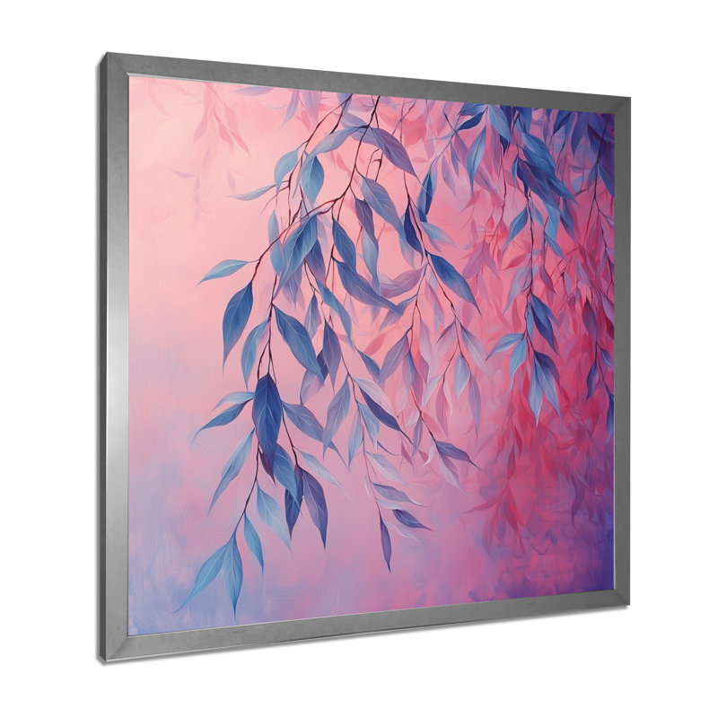 Coucher de soleil, feuilles de saule II - feuilles, art mural, H 16 po x l 16 po, Avec cadre, Argent argent