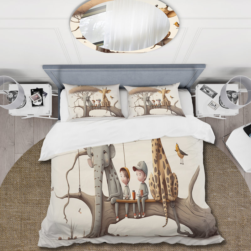 Giraffe And Elephant With Kids - Animals Duvet Cover Set - Microfiber Polyester, King Duvet Cover + 2 King Shams