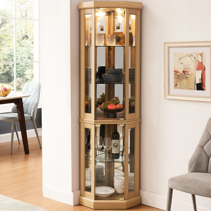 Lighted Curio Cabinet In Bedroom - Oak Finish, Spacious Interior With Glass Doors Corner For Stylish Design Mirrored Back And Bulbs
