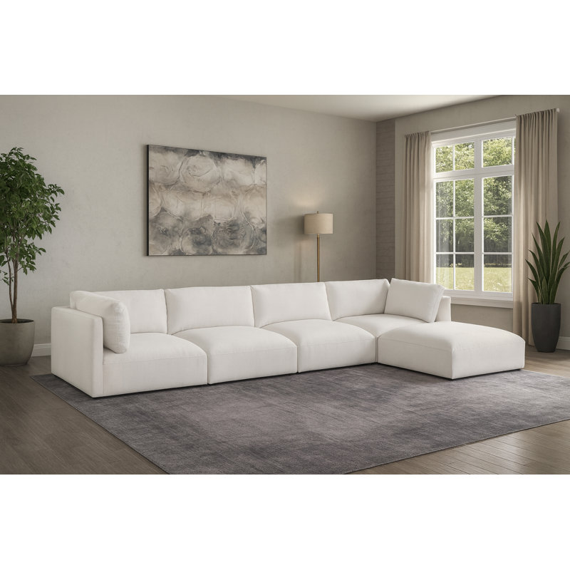 Canapé modulaire réversible en coin avec repose-pieds Iyani, Tissu crème en polyester