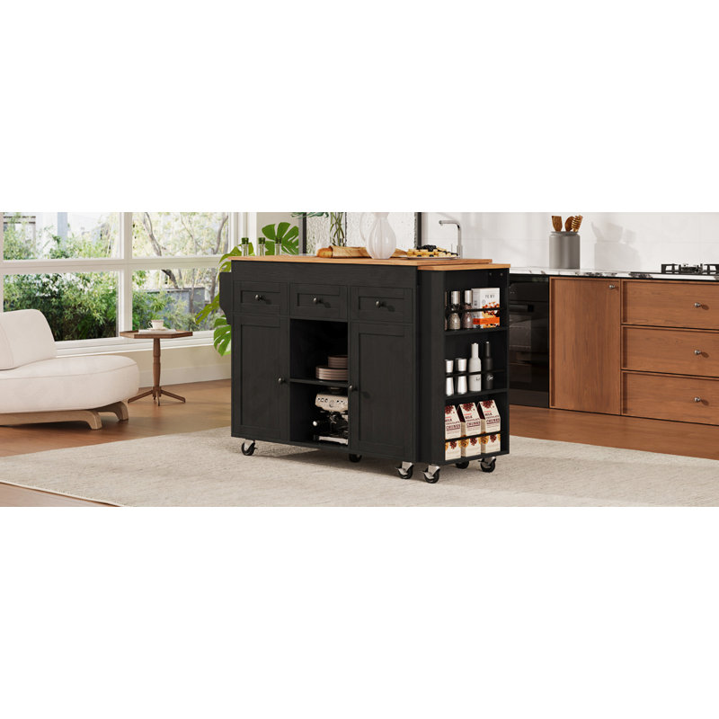 Îlot de cuisine 85,5 po avec table de salle à manger extensible, table de rangement avec 3 tablettes ouvertes latérales, îlot de cuisine roulant avec prise de courant, 3 tiroirs, 2 portes, pour la cuisine, la salle à manger, noir