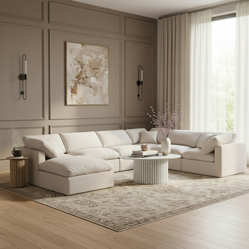 Canapé modulaire rembourré 7 pièces Hinami, Tissu crème texturé en lin