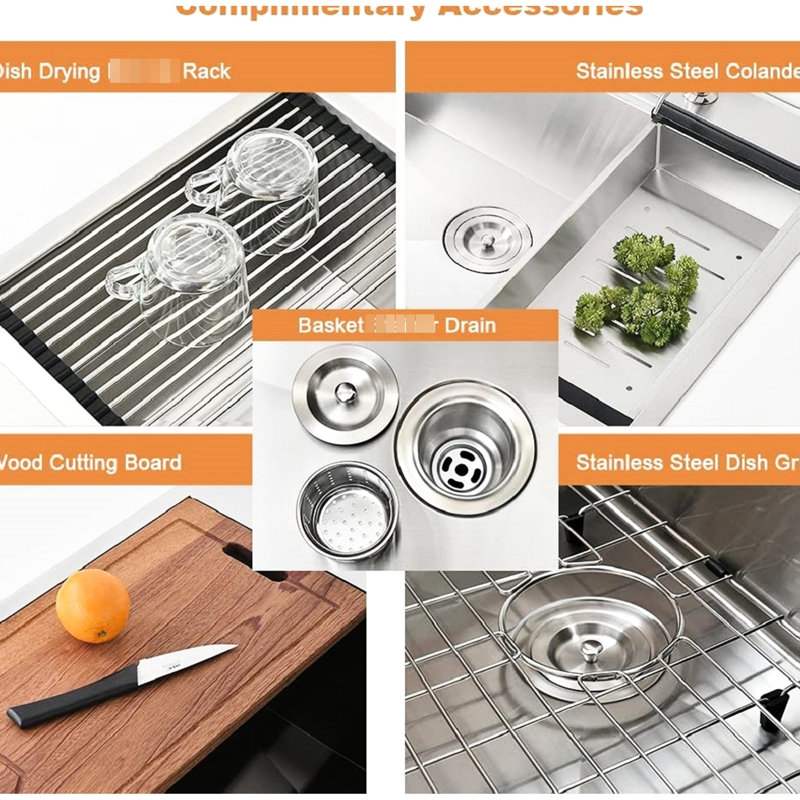 Stainless Steel Kitchen Sink 33-Inch - With Ledge & Accessories For Modern Design Drop-In Practical Use, Silver