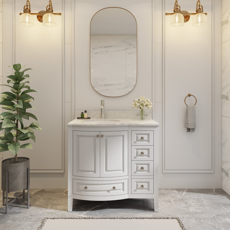 Mandilyn 36" Fully Assembled Single Sink Bathroom Vanity with Engineered Stone Top, Ceramic Sink, Hand Paint, White