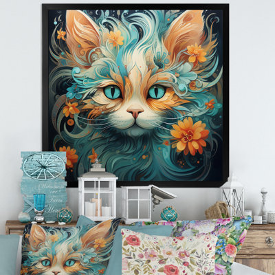 Magique ambre et chat sarcelle avec fleurs I sur toile