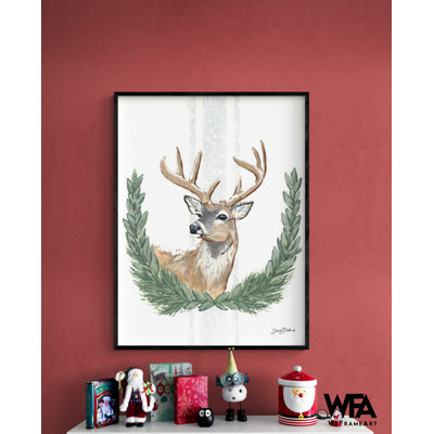 Cerf d'hiver arctique par Sara Baker, majestueux décor de chalet rustique de renne, art mural de ferme de Noël de campagne, décoration murale animal d'hiver